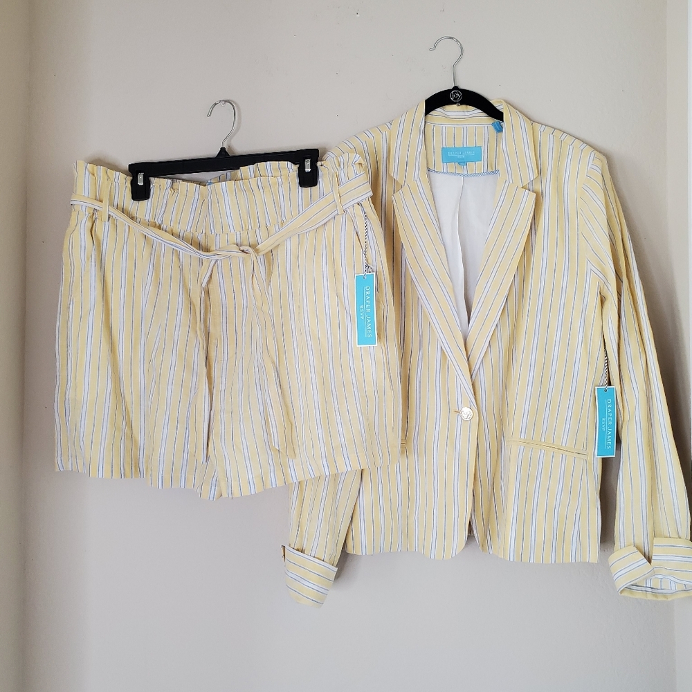 Draper James Blazer & Paperbag Shorts Set Lemon Linen Nautical Striped Sz XXL